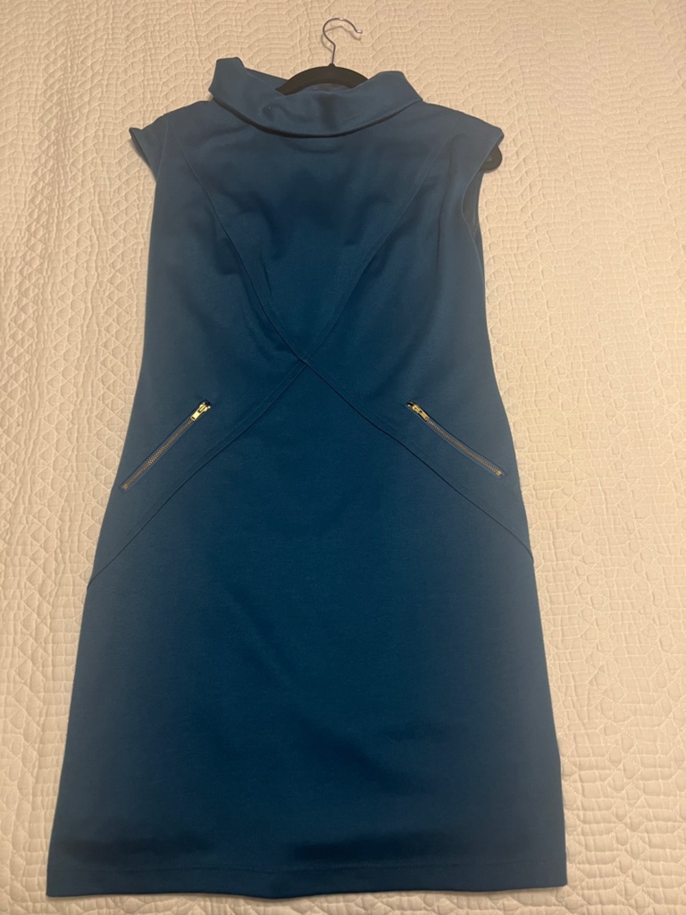 MARINA Teal cap Sleeve Ponte Sheath Dress with Gold Zippers